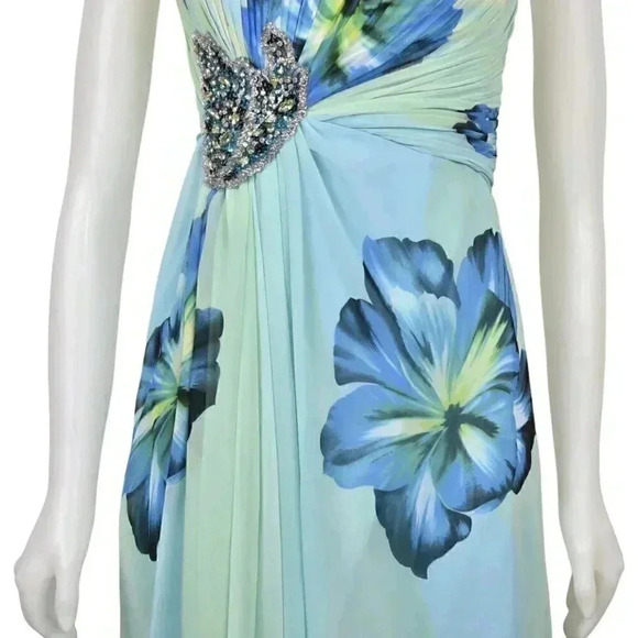 Jovani Gown Blue Green Floral Watercolor Beaded Strapless Chiffon Prom Grad 4 - Picture 7 of 15